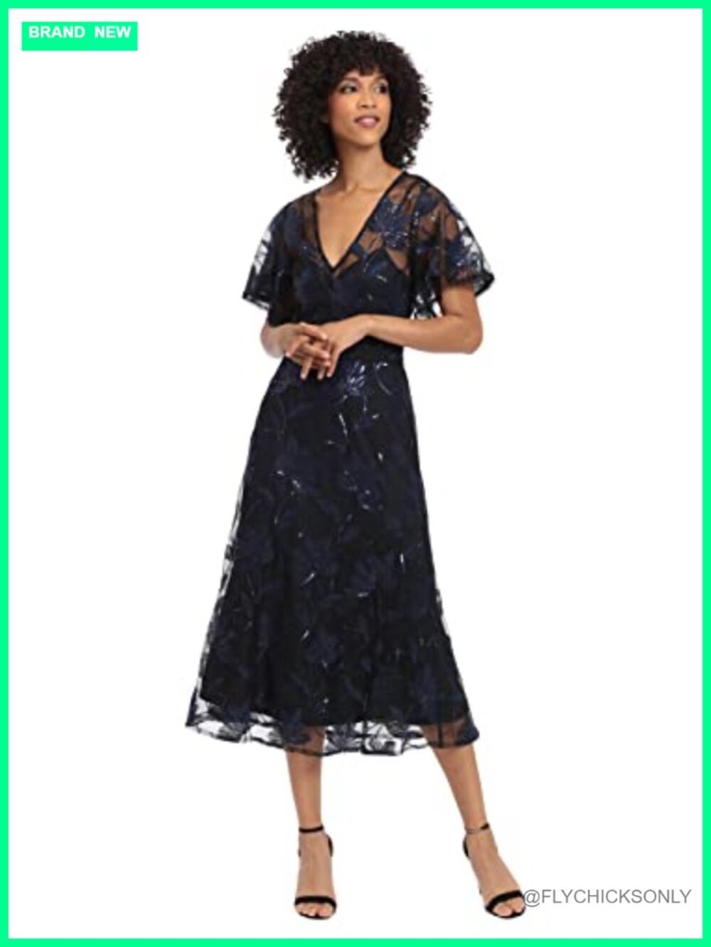 V-Neck A-Line Midi Sequin Dress Flutter Sleeve Wedding Guest